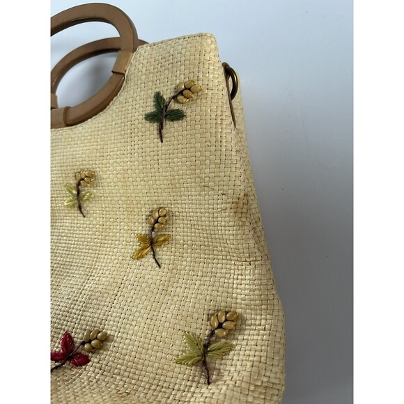 Fossil Vintage Embroidered Straw Beaded Floral Summer Handbag Retro Wood Handles - Picture 2 of 8